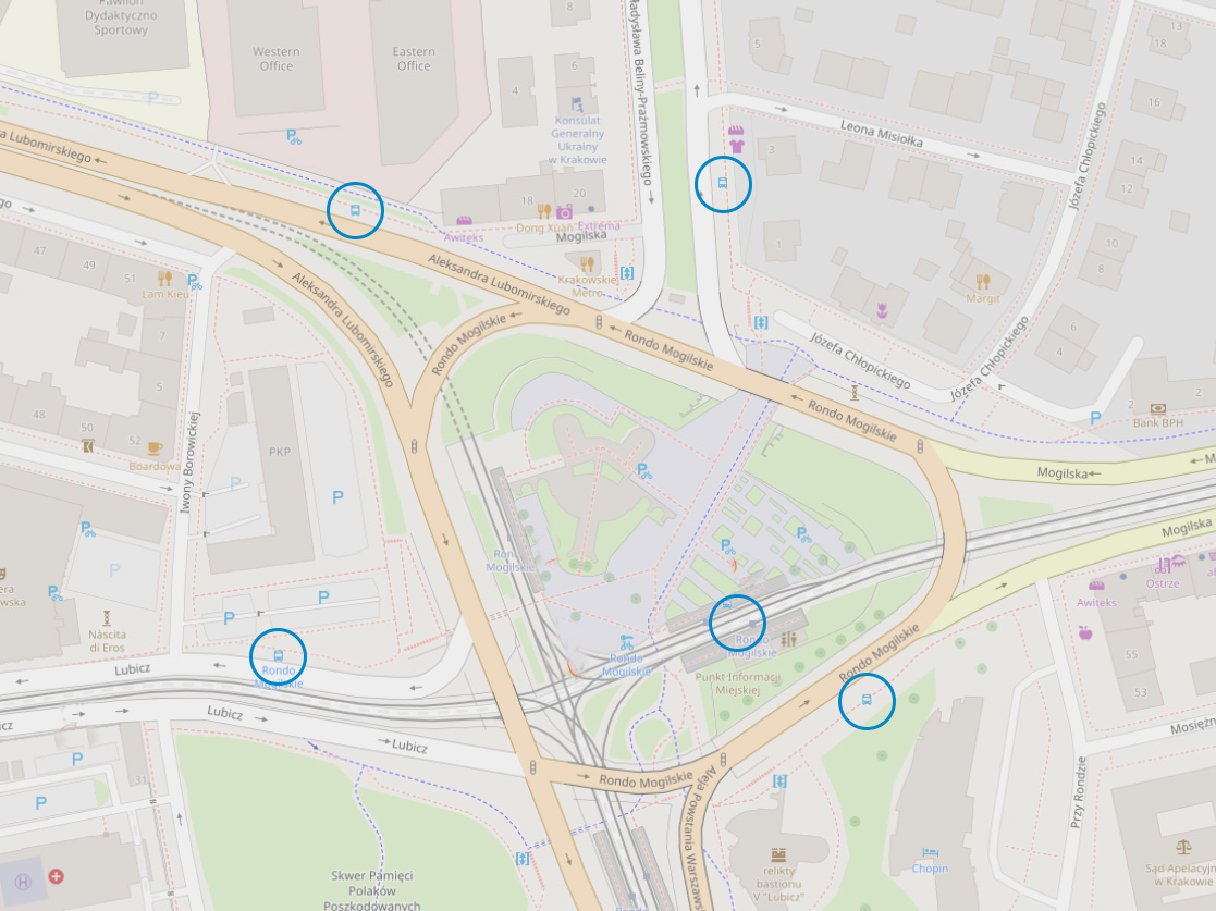 Mapa przedstawiająca rozmieszczenie przystanków tramwajowych oraz autobusowych przy Rondzie Mogilskim (zrzut ekranu)